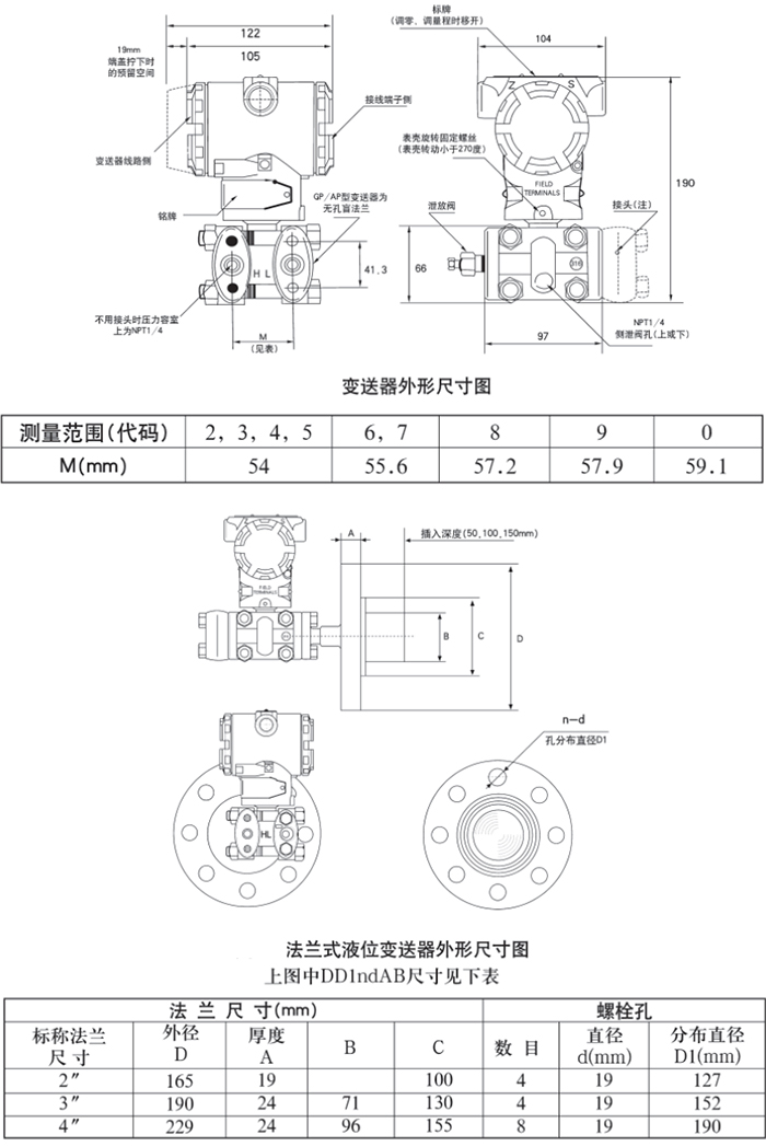 單法蘭液位變送器規格尺寸表