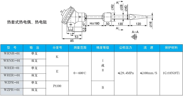 電站測溫專(zhuān)用熱電偶熱套式規格表