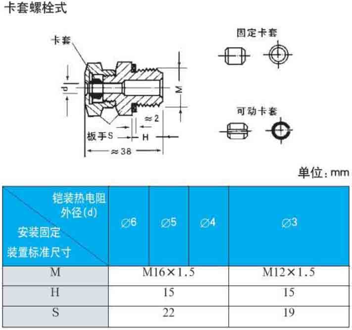 cu50熱電阻卡套螺栓式安裝尺寸圖