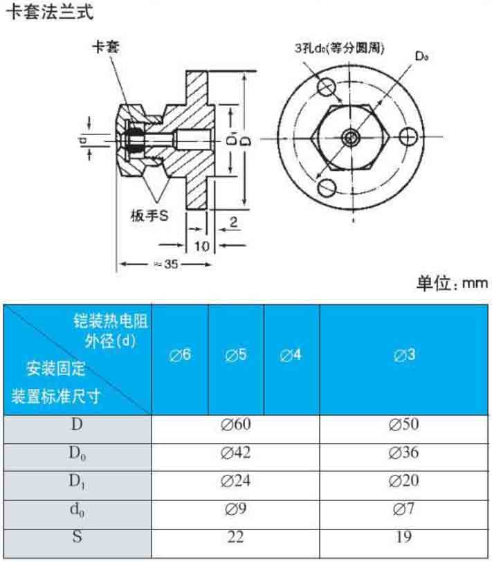 三線(xiàn)制熱電阻卡套法蘭式安裝尺寸圖